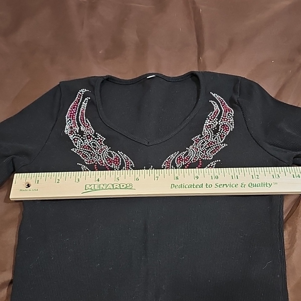 Grunge y2k Black V-neck Long Sleeve Ribbed Rhinestone Top Size L - Picture 5 of 6
